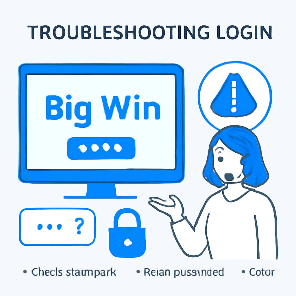 An educational diagram outlining troubleshooting steps for Big Win login.
