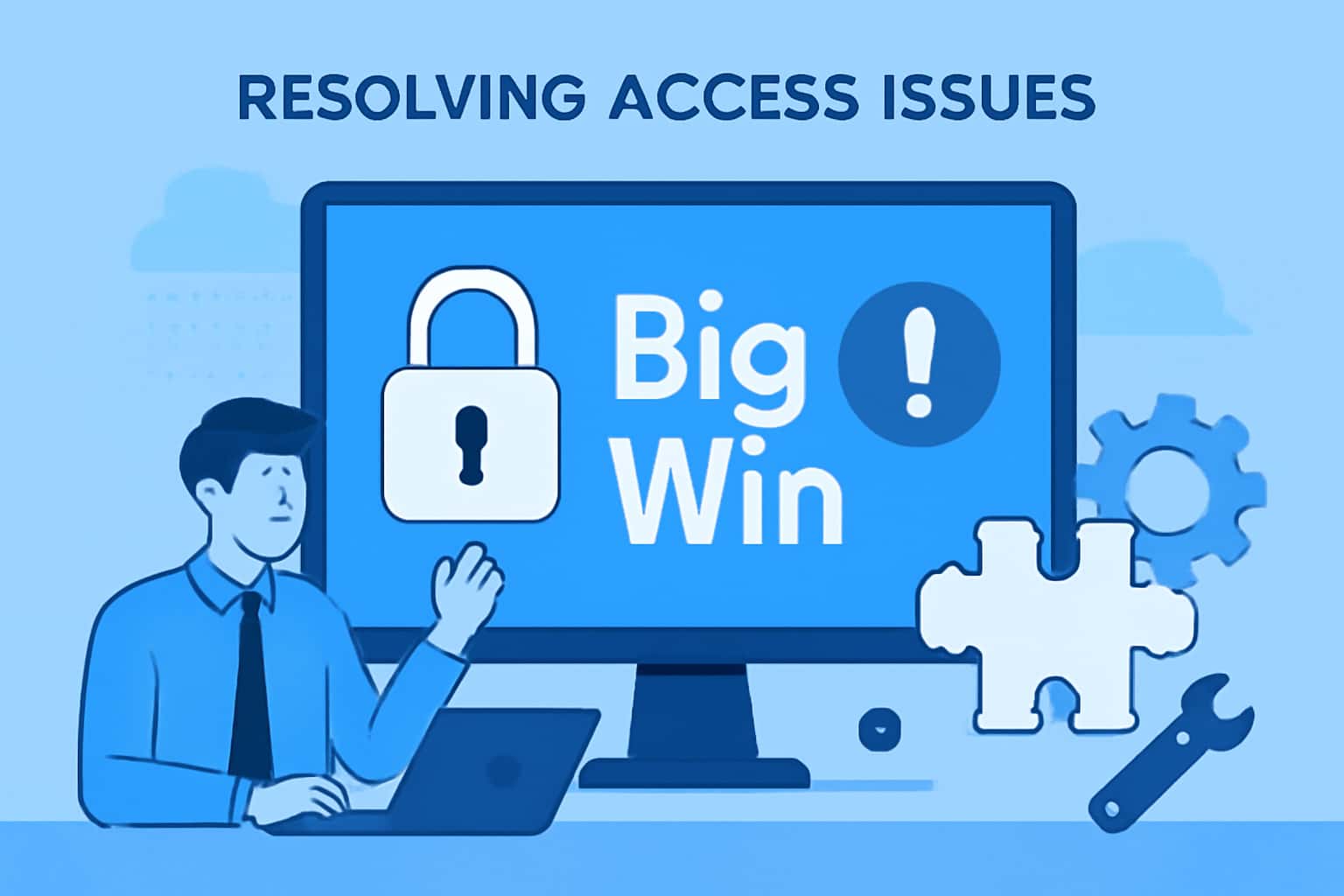 An informational scene depicting resolving access issues, featuring the text 'Big Win'.